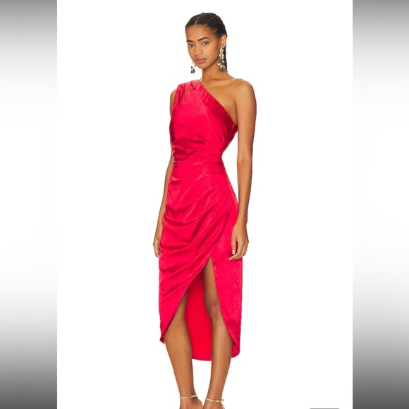 Preowned Elliat Revolve Cassini Red one shoulder Asymmetrical midi dress XS - Picture 3 of 10